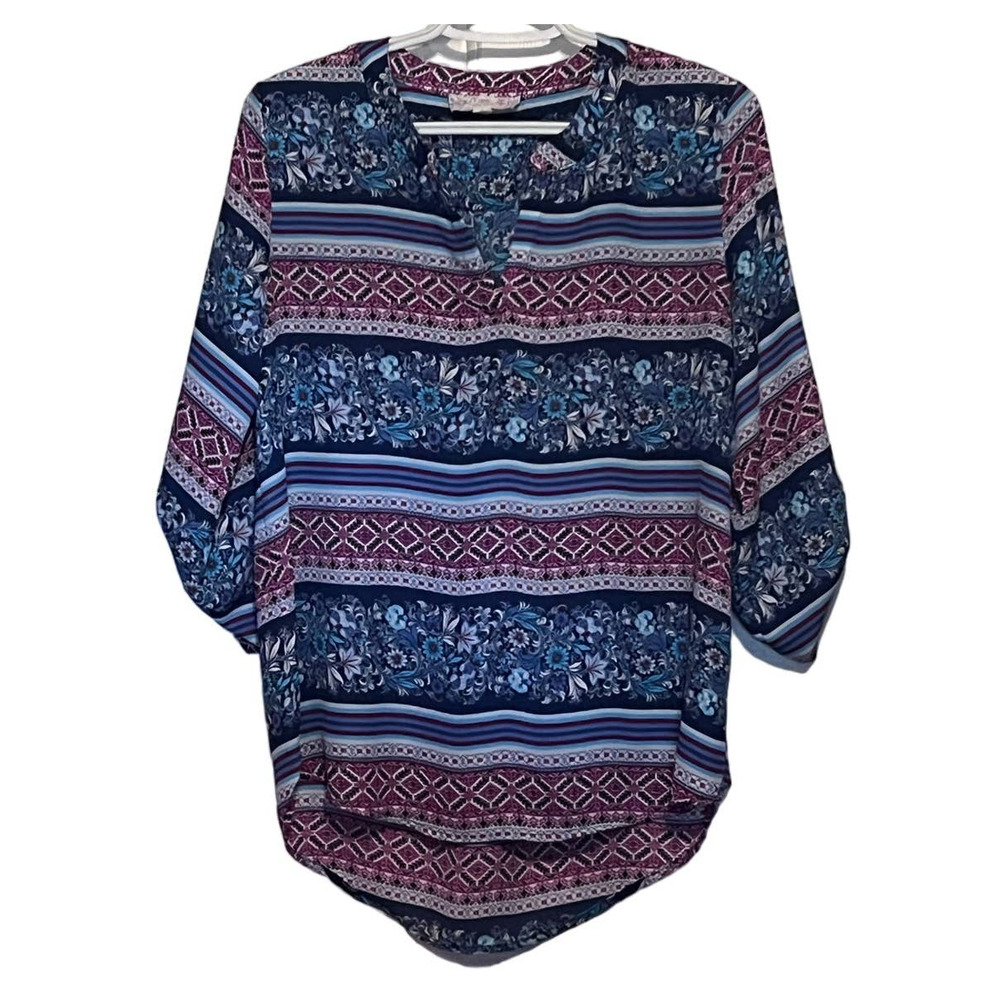 Pink Republic Women's Hi-Low 3/4 Sleeves V-Neck Blouse Blue Pink White‎ Size S